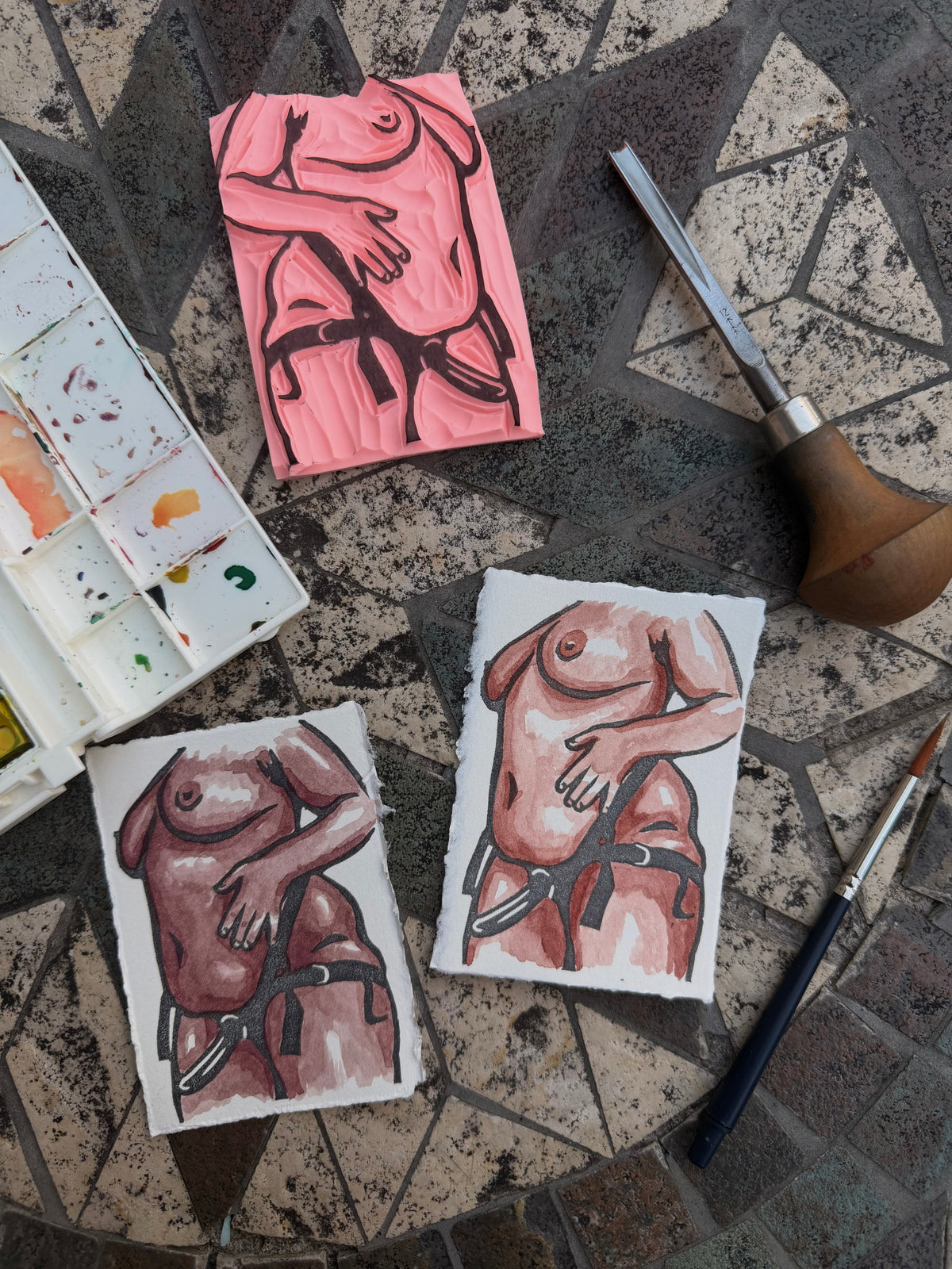 nude strapped up lino & watercolour originals atc/aceo