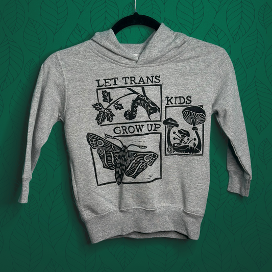 let trans kids grow up linoprinted grey hoodie (size 4 kids)