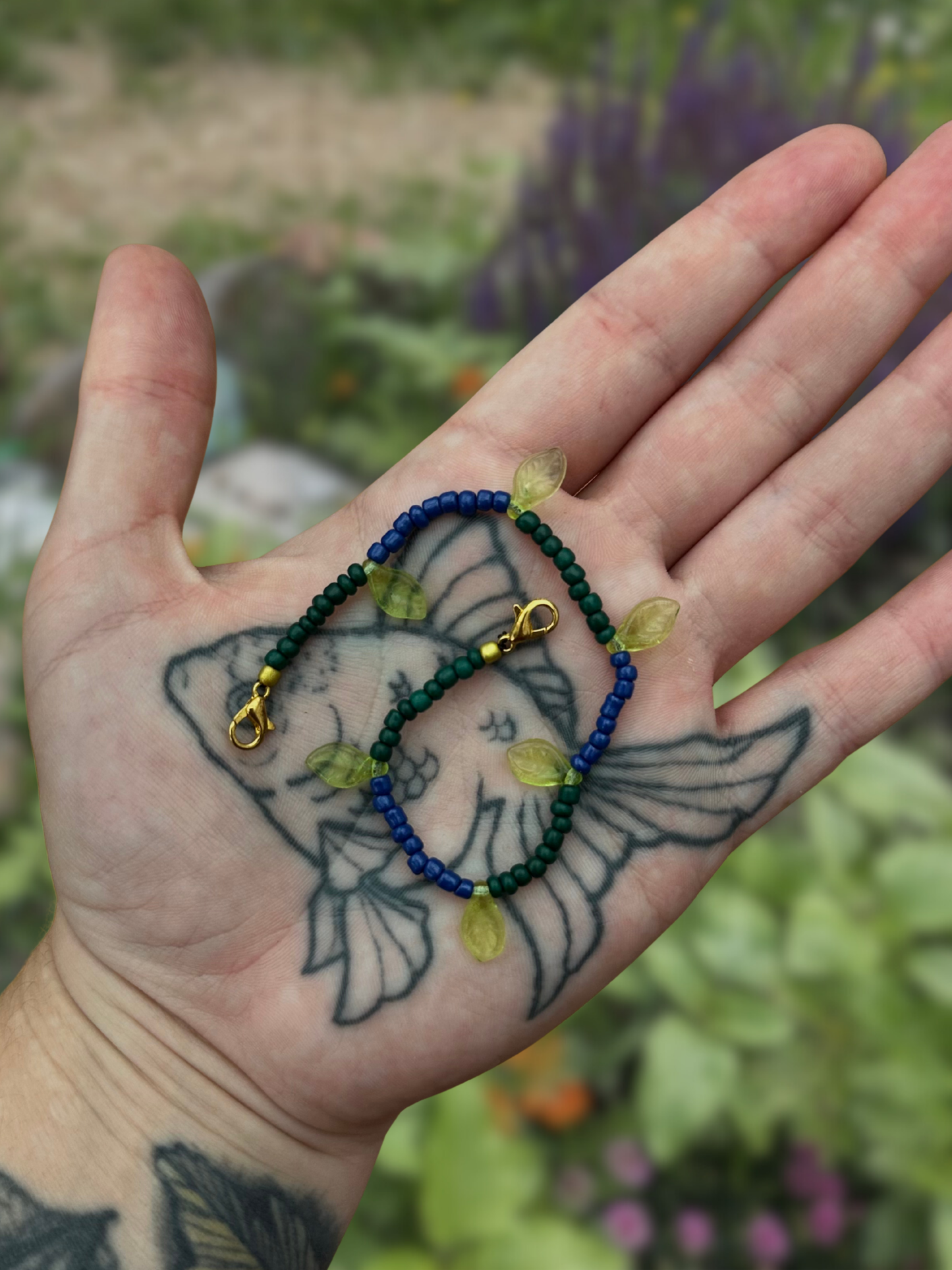 blue & green leafy beaded mask chain