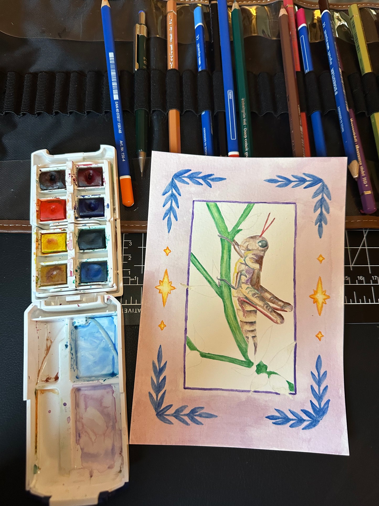 watercolour grasshopper atc (print)