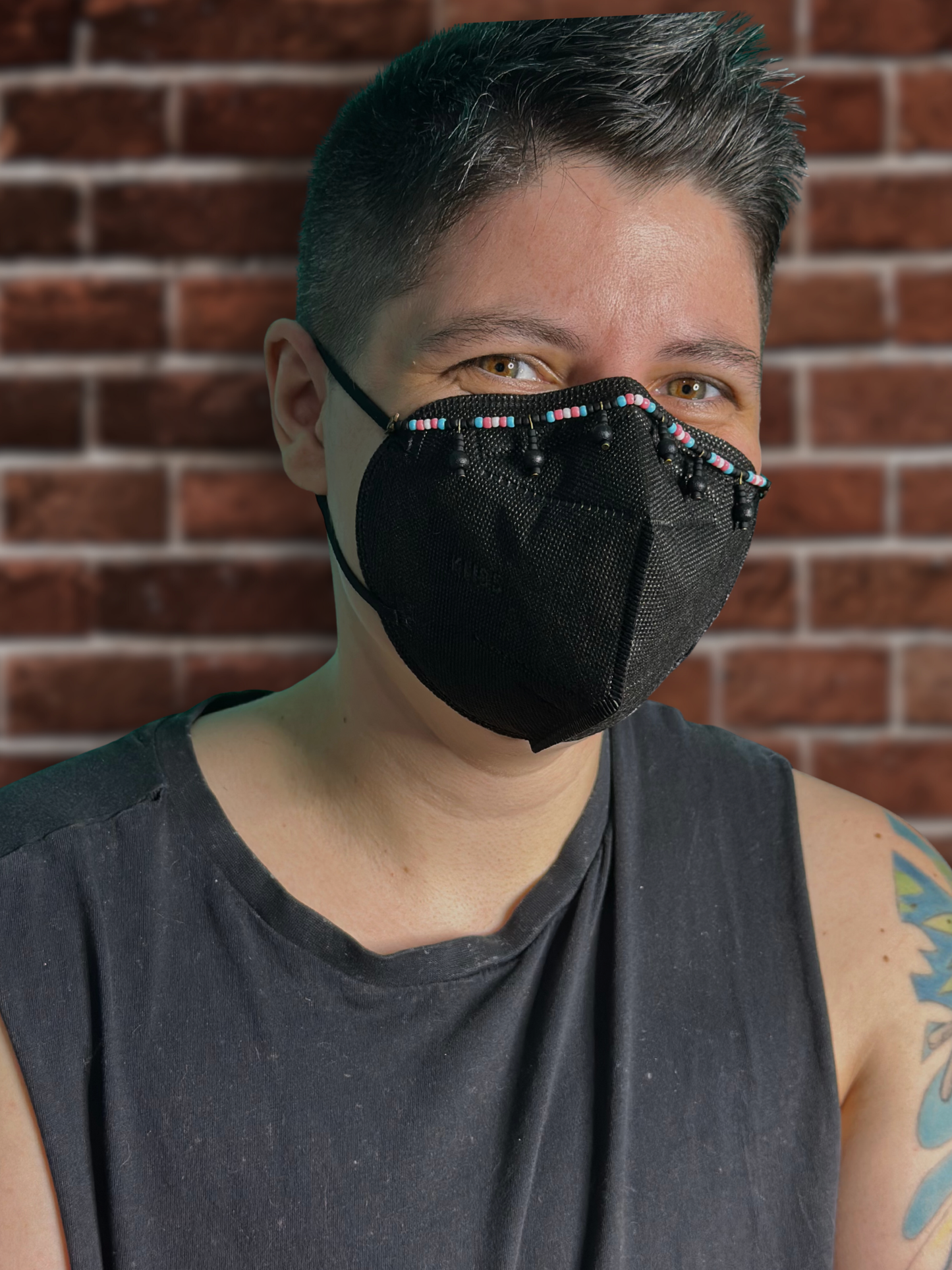 trans flag beaded mask chain with black dangles