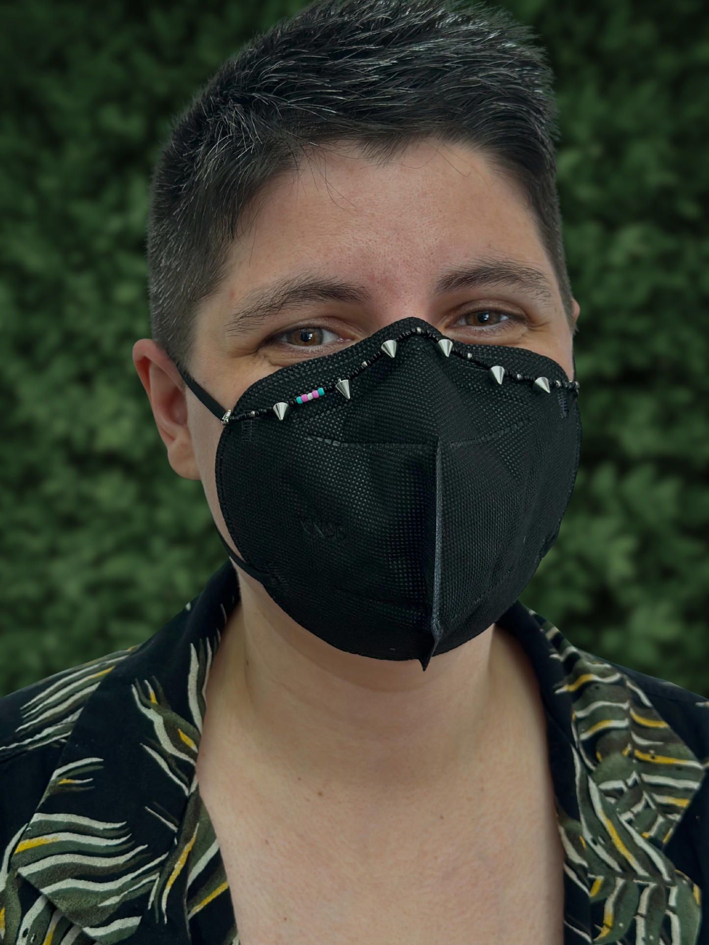 spikey black trans flag beaded mask chain