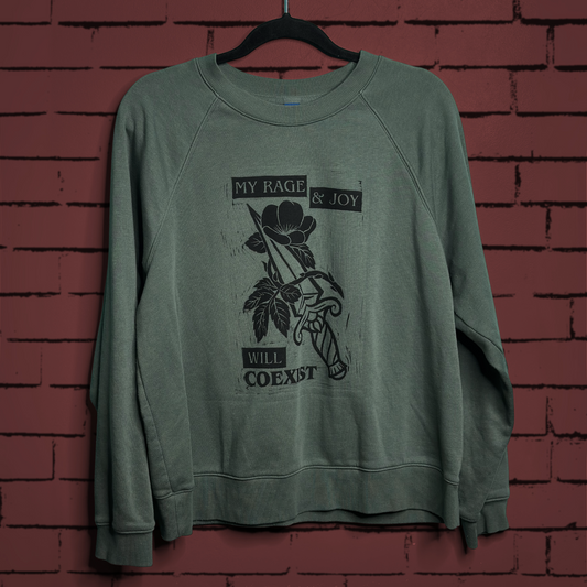 prairie rose linoprinted green crewneck (L)
