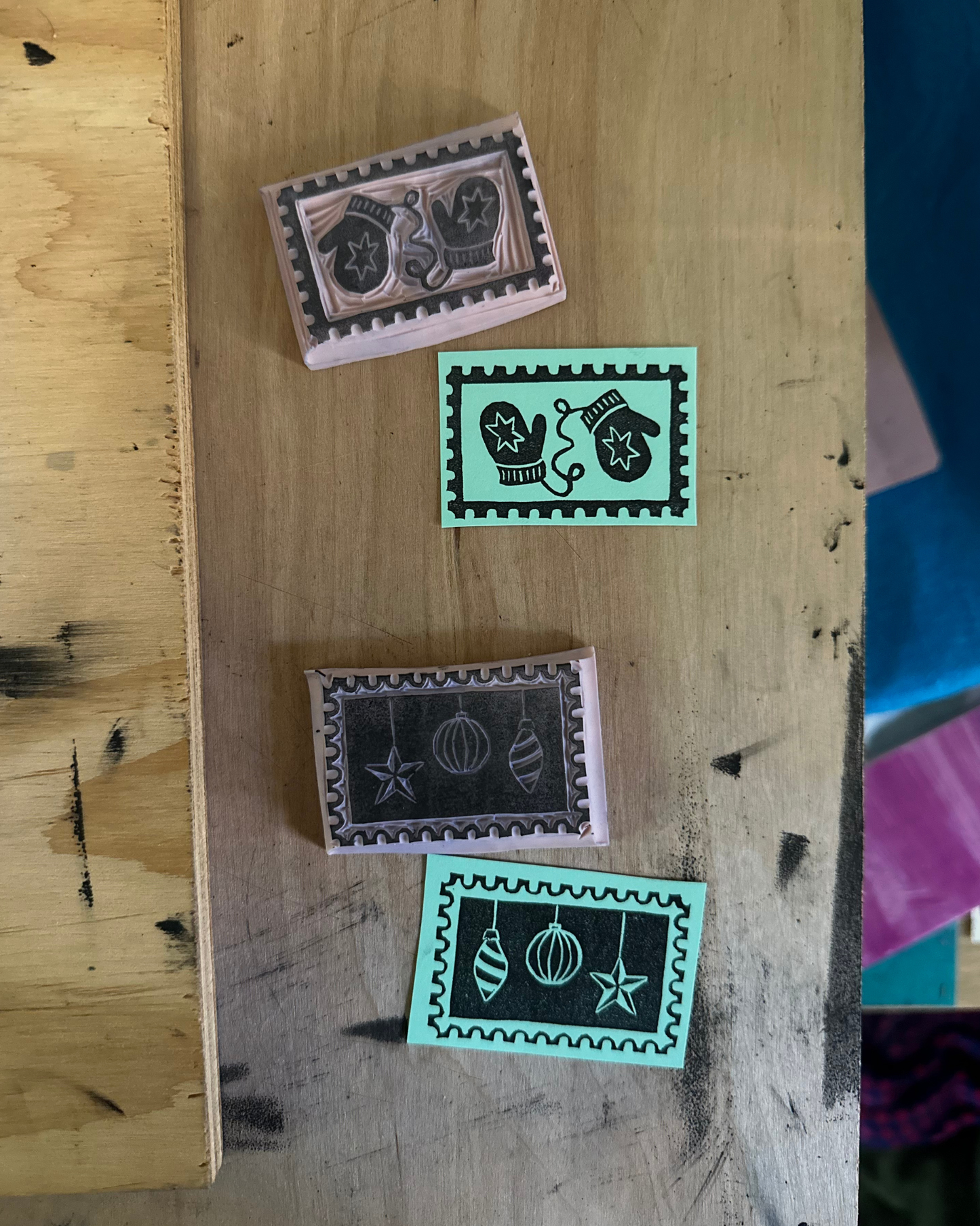 holigay tidings postage stamp linocut cards