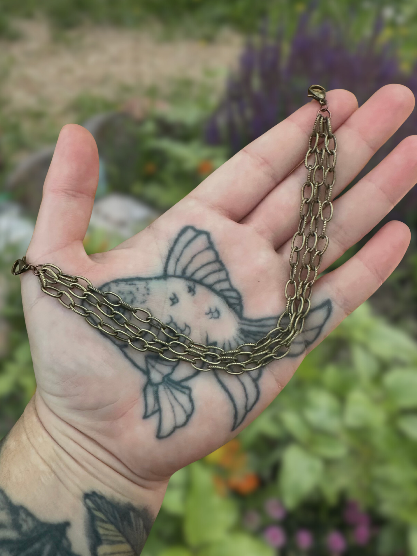 antique green tinted triple chain mask chain