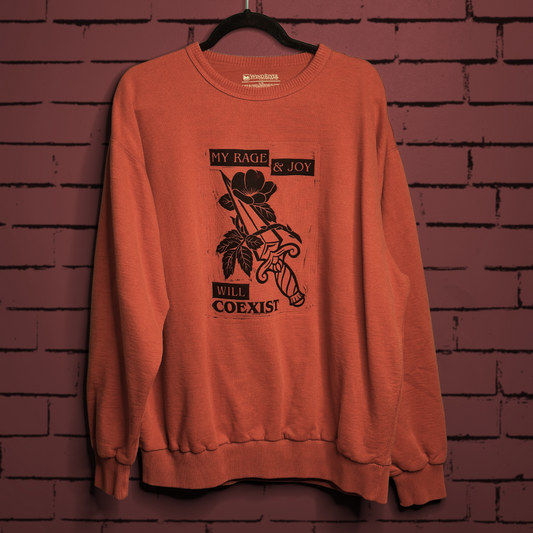 prairie rose linoprinted burnt orange sweatshirt (L)