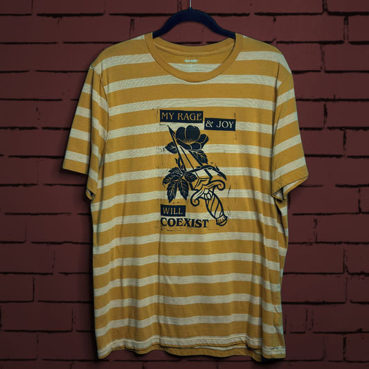 prairie rose linoprinted striped yellow and orange shirt (XL)