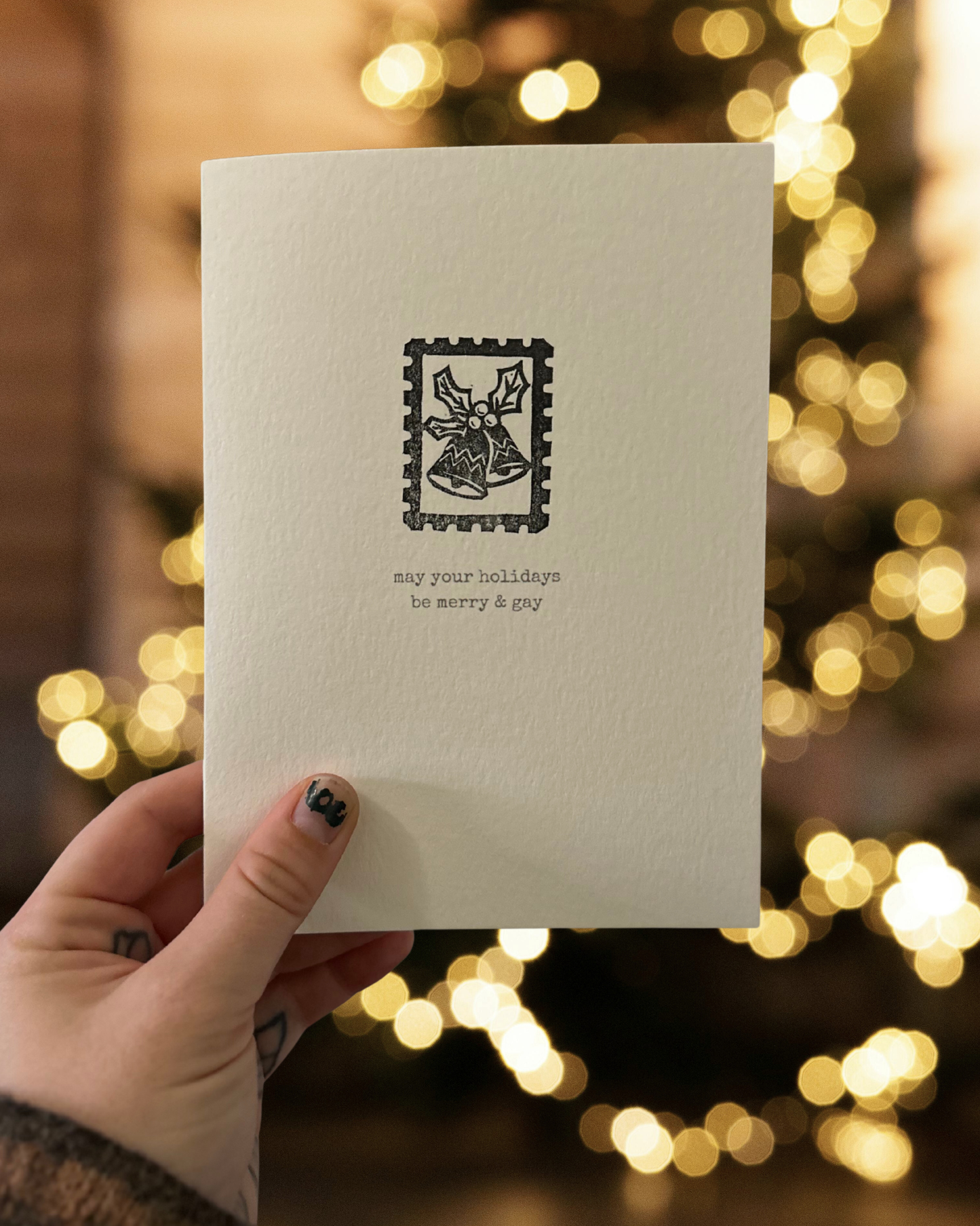 holigay tidings postage stamp linocut cards