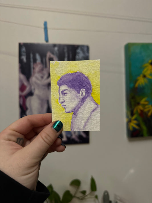 watercolour portrait purple and yellow atc/aceo