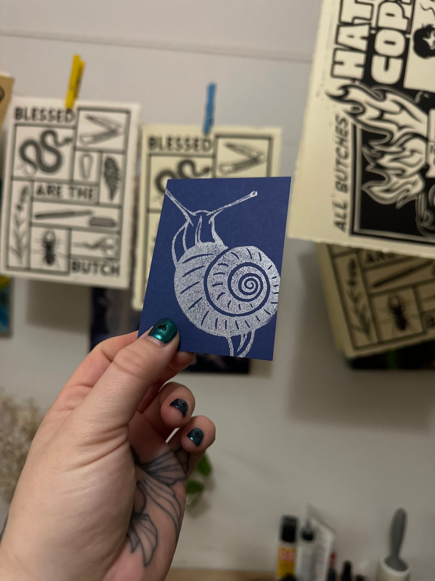 silver snail on navy atc/aceo