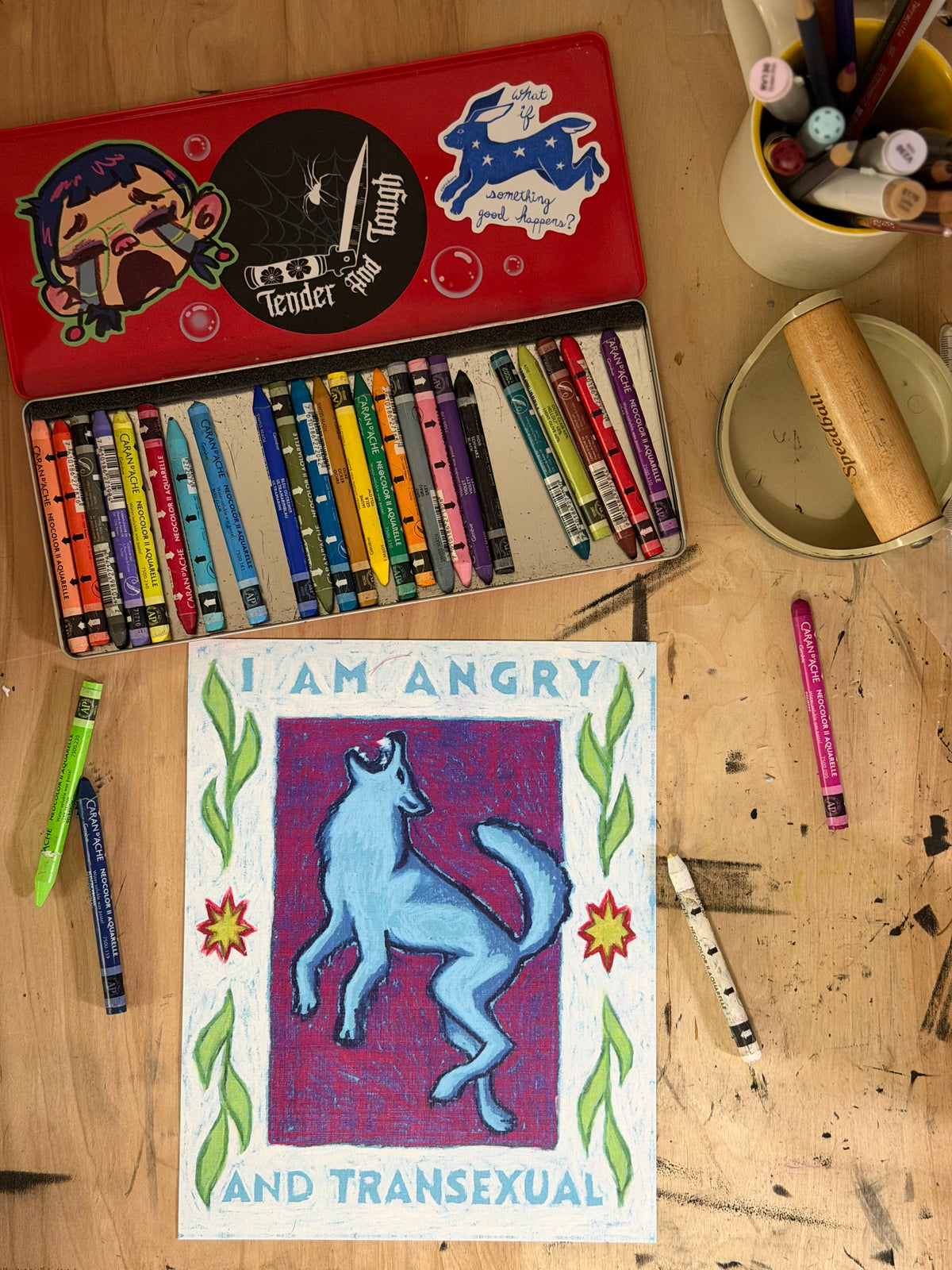 angry and transexual wax pastel wolf print
